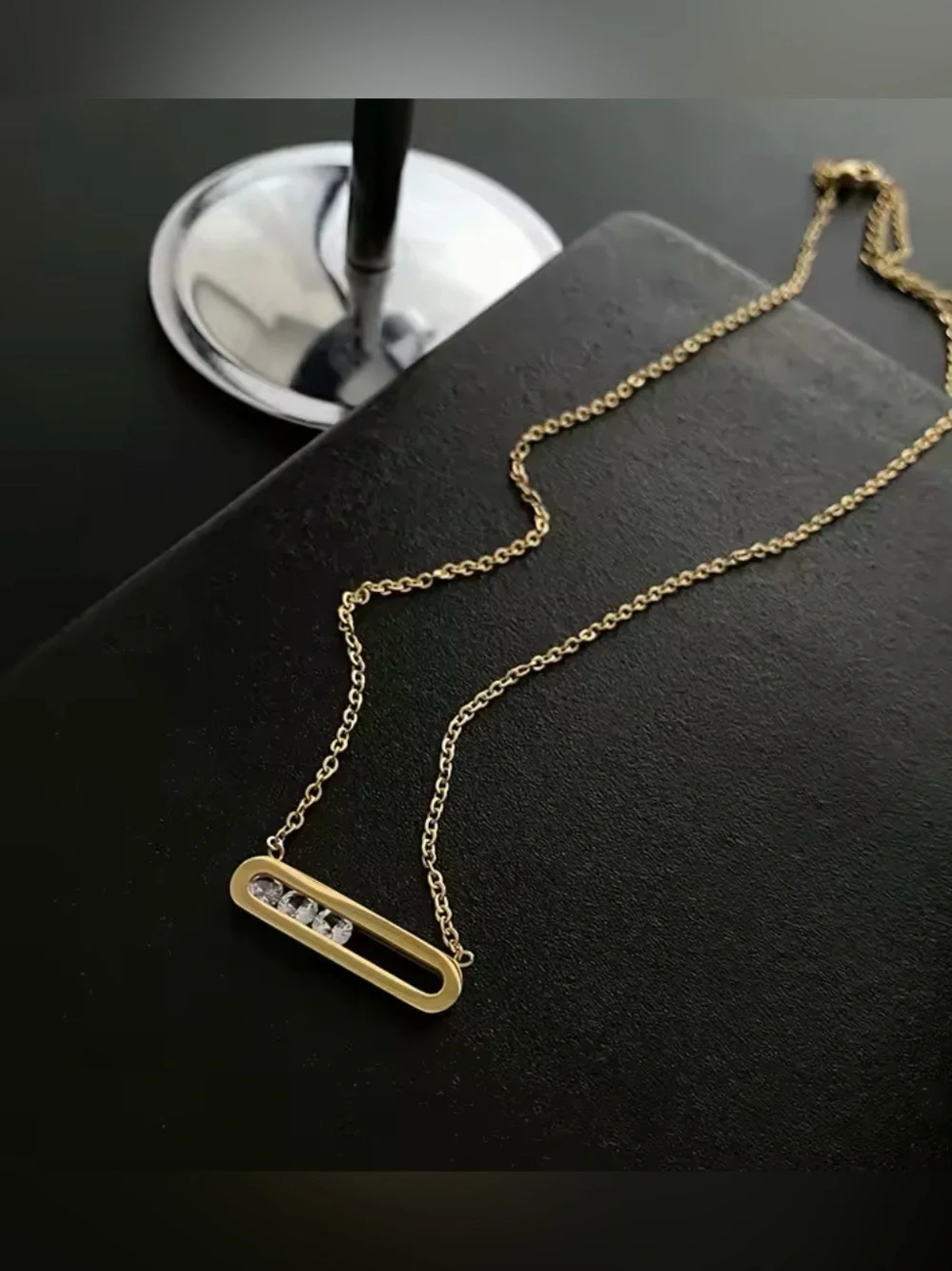 18K Gold Geometrical Link Paperclip Designer Inspired Moving Diamond Necklace